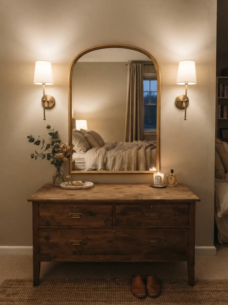 A pair of matching wall sconces flanking a vanity mirror above a dresser, warm even light, clear uncluttered dresser surface below, cozy bedroom styling, evening ambiance, vertical Pinterest photography, warm symmetrical tones.