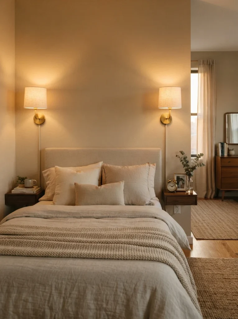 A pair of matching plug-in wall sconces mounted symmetrically on either side of a bed, warm brass fixtures with linen shades, cords hidden in paintable cord covers running down to hidden outlets, soft golden evening light, neutral bedding, cozy apartment bedroom, vertical Pinterest photography, warm tones.