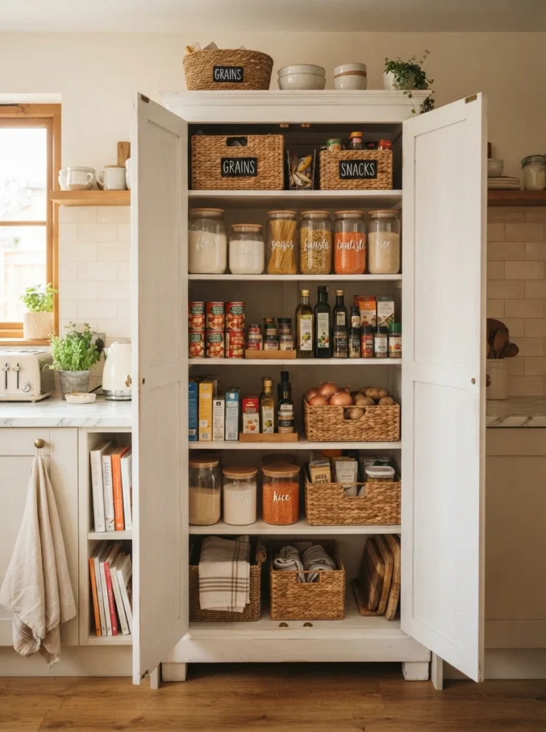 A white wardrobe repurposed as a kitchen pantry, doors open revealing shelves of pantry items and baskets, small kitchen setting, warm natural light, vertical Pinterest photography, warm functional styling.