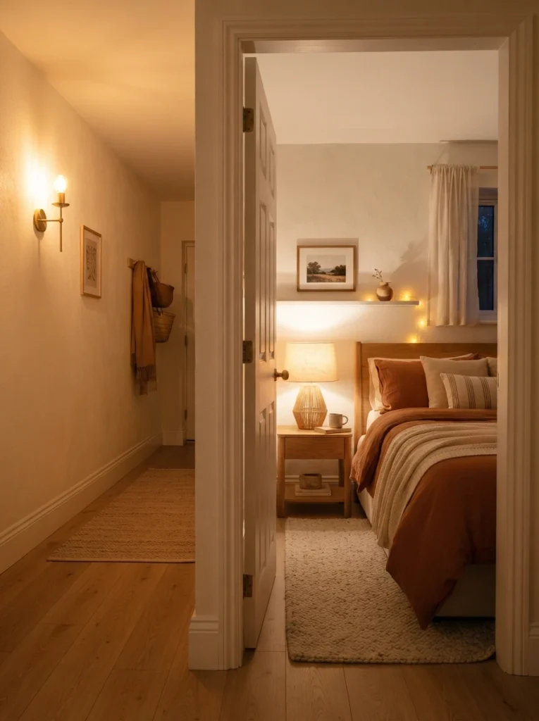 A warm cohesive lighting palette flowing from a hallway into a small bedroom, consistent color temperature and finish throughout, cozy evening ambiance, vertical Pinterest photography, warm unified tones.