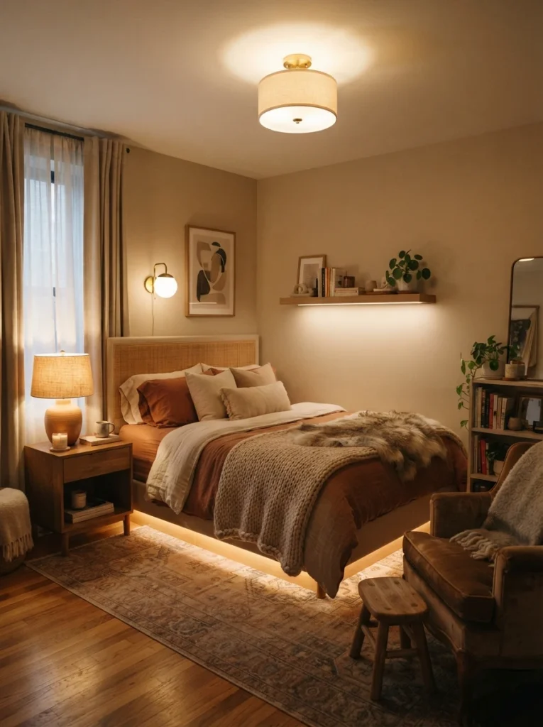 A small apartment bedroom with four distinct warm light sources visible at once, ceiling fixture, table lamp, wall sconce, and accent light, layered cozy glow, vertical Pinterest interior photography, warm luxurious tones.