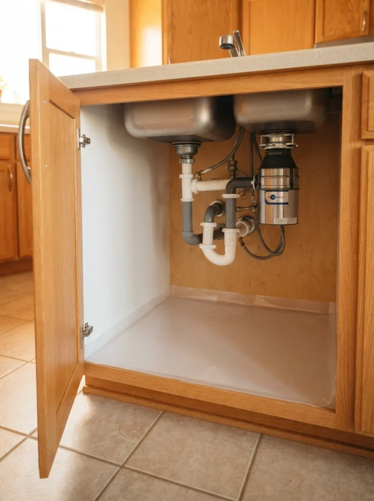A kitchen cabinet under the sink with a clear waterproof liner installed on the base, empty and ready for organization, warm kitchen lighting, vertical Pinterest photography, warm protective styling.
