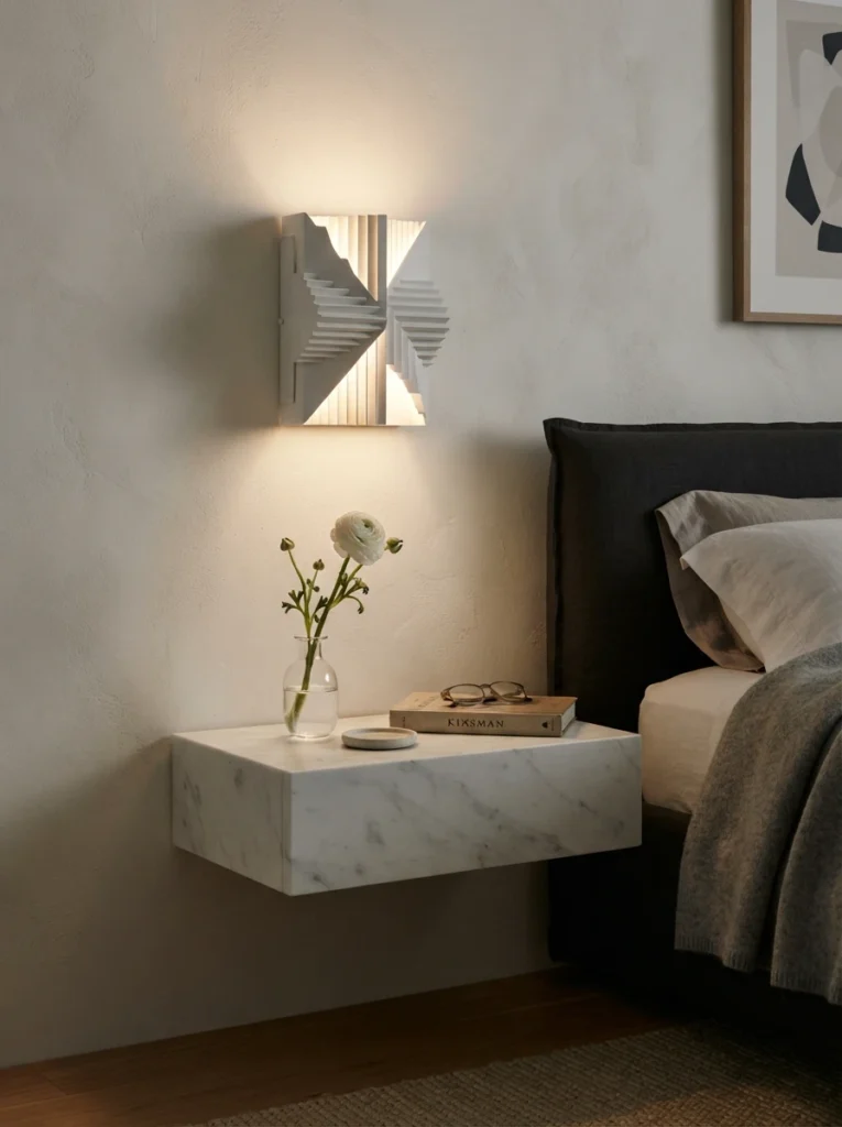 A sculptural white wall sconce with geometric fins mounted above a floating marble nightstand, minimalist warm glow, single flower in a glass vase on the clear surface, evening ambiance, vertical Pinterest photography, warm architectural detail.