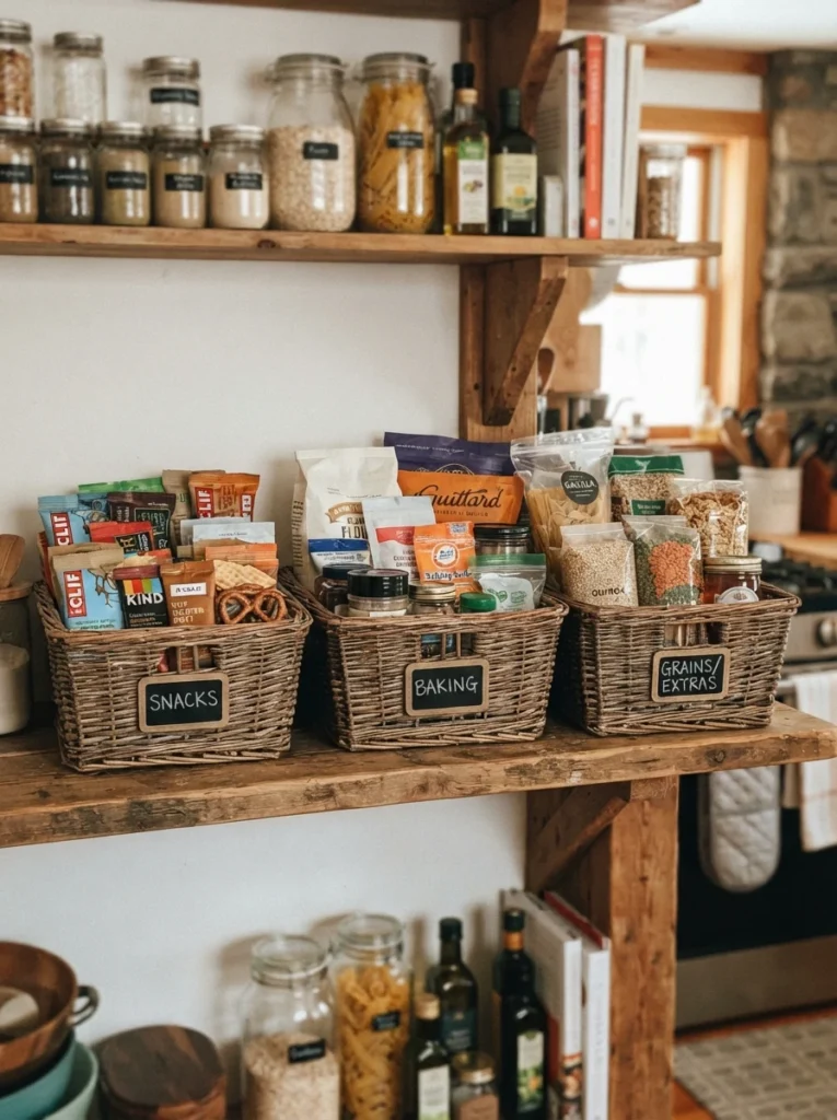 Thrifted wicker baskets on a pantry shelf, holding organized snacks and baking supplies, warm kitchen lighting, vertical Pinterest photography, warm secondhand styling.