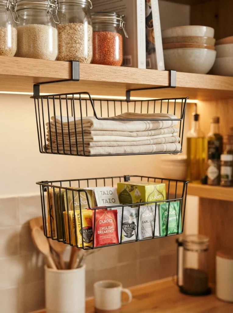 Under-shelf wire baskets clipped beneath a pantry shelf, holding napkins and tea bags, warm kitchen lighting, vertical Pinterest photography, warm under-shelf styling.