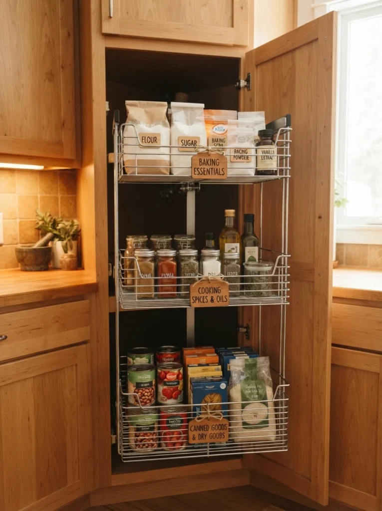 Labeled wire baskets inside a corner cabinet pull-out system, each holding a different category of kitchen items, warm lighting, vertical Pinterest photography, warm labeled styling.