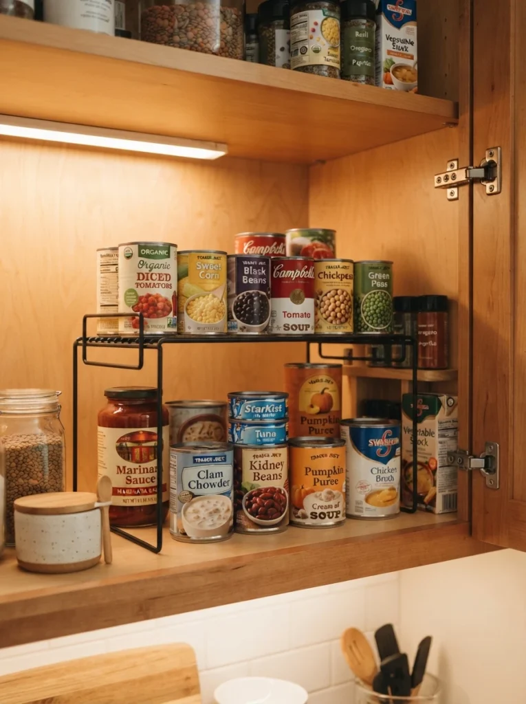 A wire shelf riser inside a kitchen cabinet holding canned goods on two levels, no hardware installed, warm kitchen lighting, vertical Pinterest photography, warm freestanding styling.