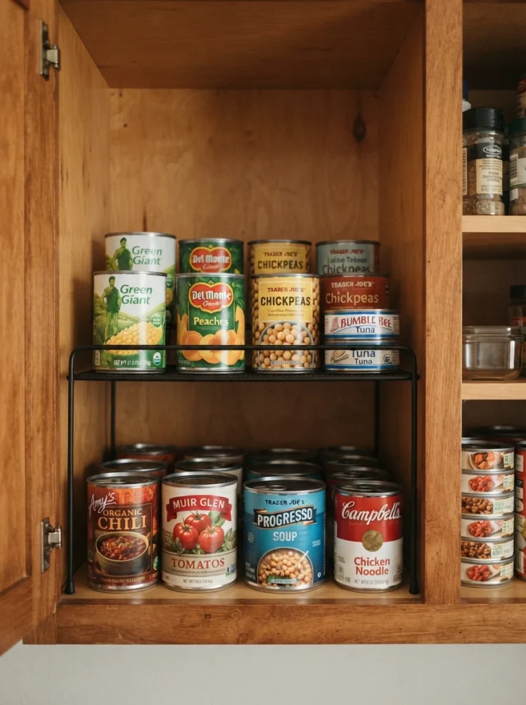 A wire shelf riser inside a small kitchen cabinet, doubling storage with canned goods on two levels, warm lighting, vertical Pinterest photography, warm doubled-capacity styling.