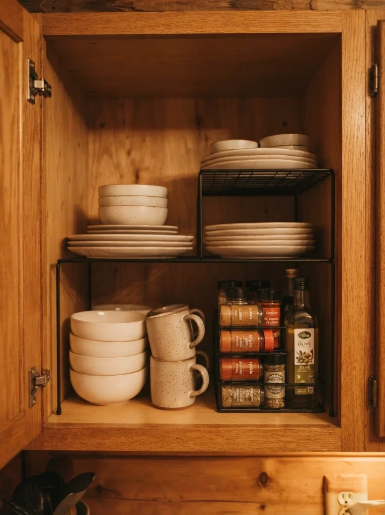 Wire shelf risers inside a rental kitchen cabinet, doubling the shelf's storage capacity, warm kitchen lighting, vertical Pinterest photography, warm doubled-capacity styling