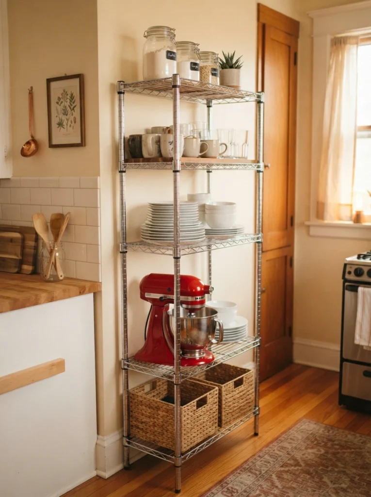 A tall narrow wire shelving unit in a small kitchen, holding a stand mixer and extra dinnerware, warm kitchen lighting, vertical Pinterest photography, warm narrow-vertical styling.