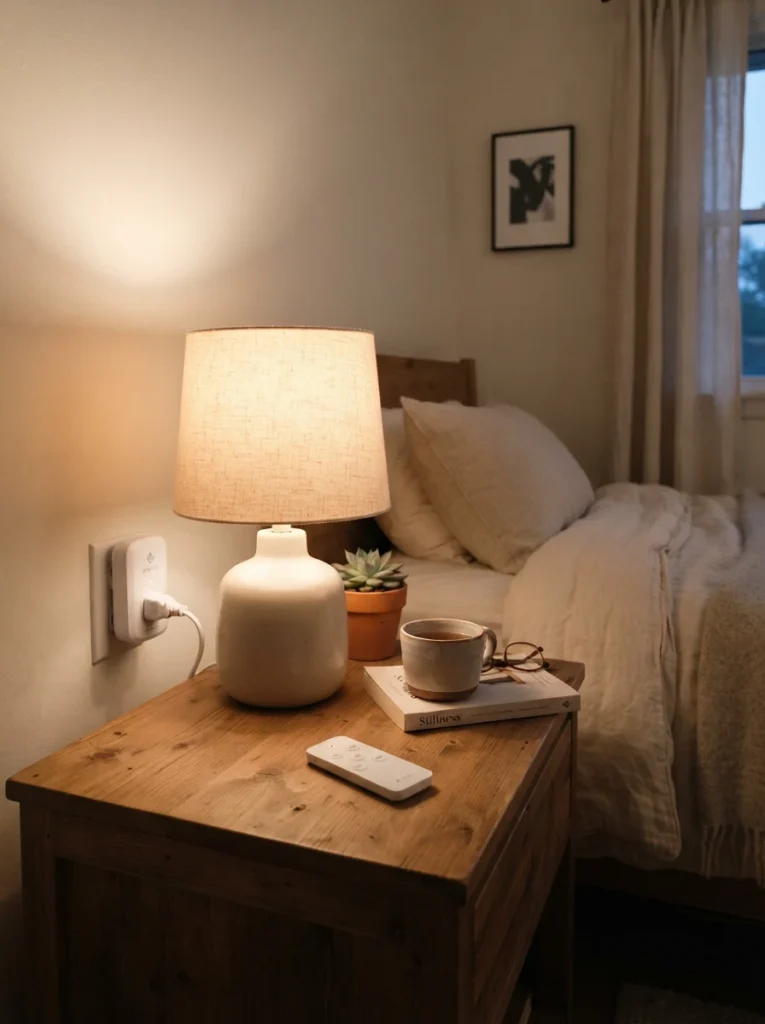 A small wireless remote control resting on a nightstand beside a warm glowing lamp, cozy bedroom in soft evening light, minimalist styling, remote outlet receiver visible near the wall plug in the background, vertical Pinterest photography, warm intimate tones.