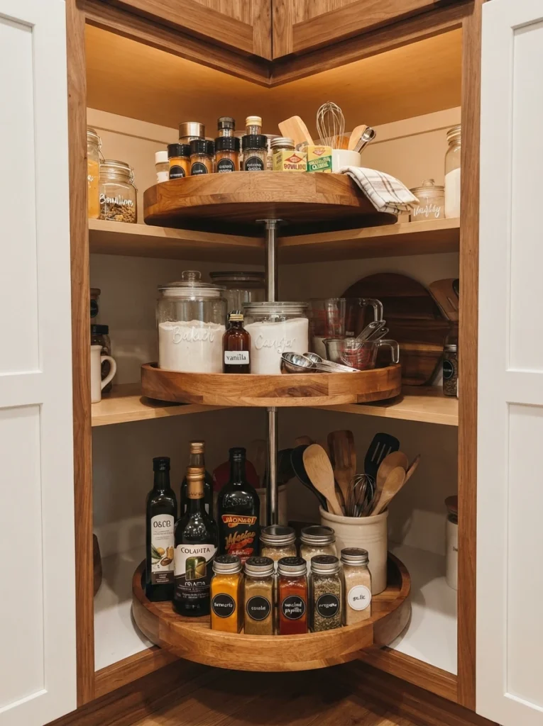 Multiple wood Super Susan trays stacked at different heights inside a corner cabinet, each holding organized kitchen items, warm lighting, vertical Pinterest photography, warm tiered styling.