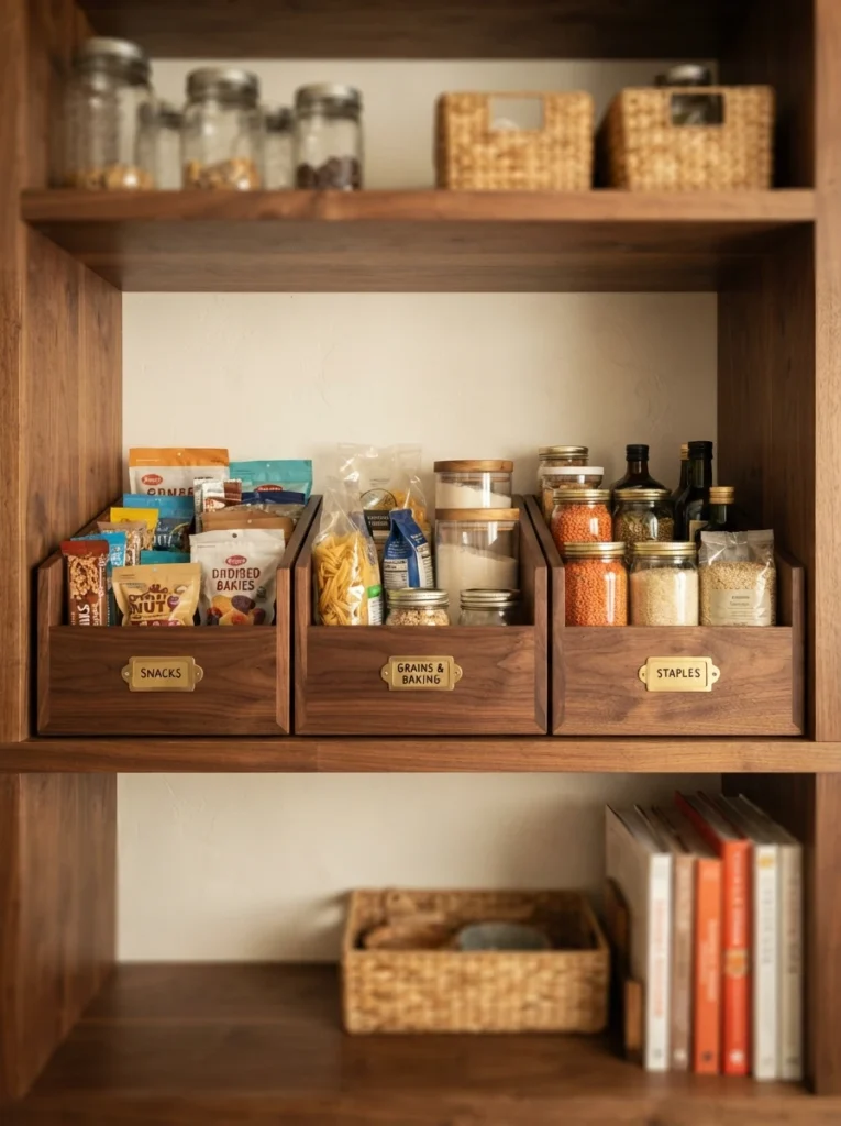 Wood bins extending the full depth of a pantry shelf, fitted precisely with no wasted space behind them, warm kitchen lighting, vertical Pinterest photography, warm full-depth styling.