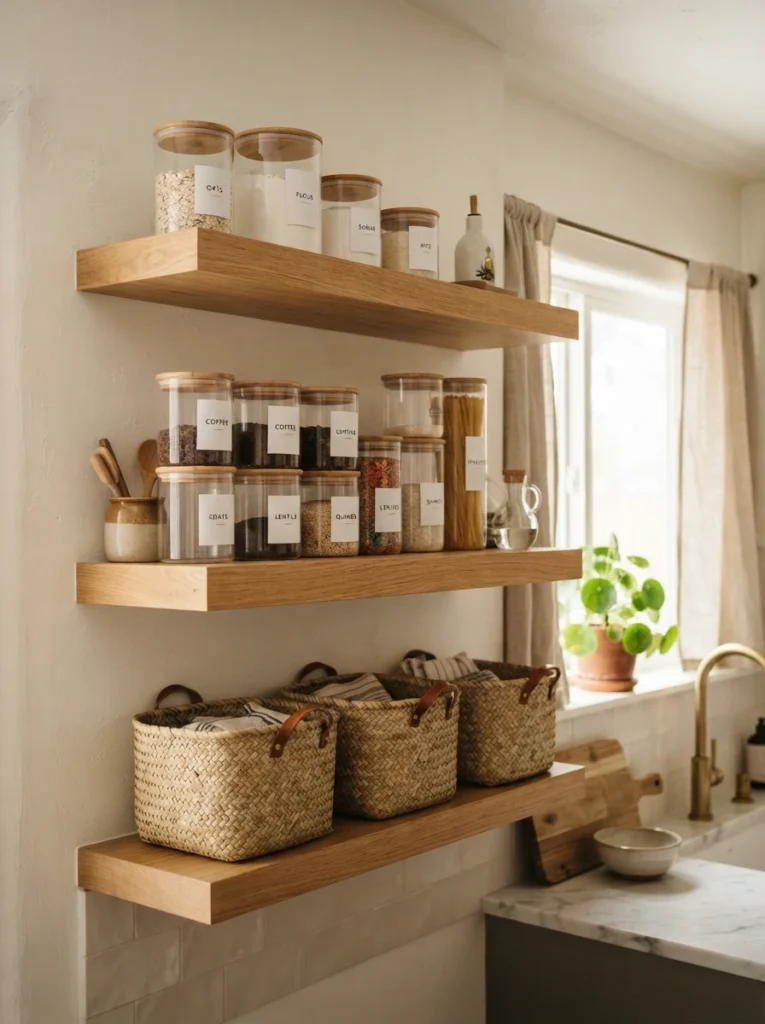 Floating light-oak wood shelves mounted on a kitchen wall, holding matching glass jars with minimalist labels and woven baskets, vertical Pinterest photography, warm open-shelving styling.