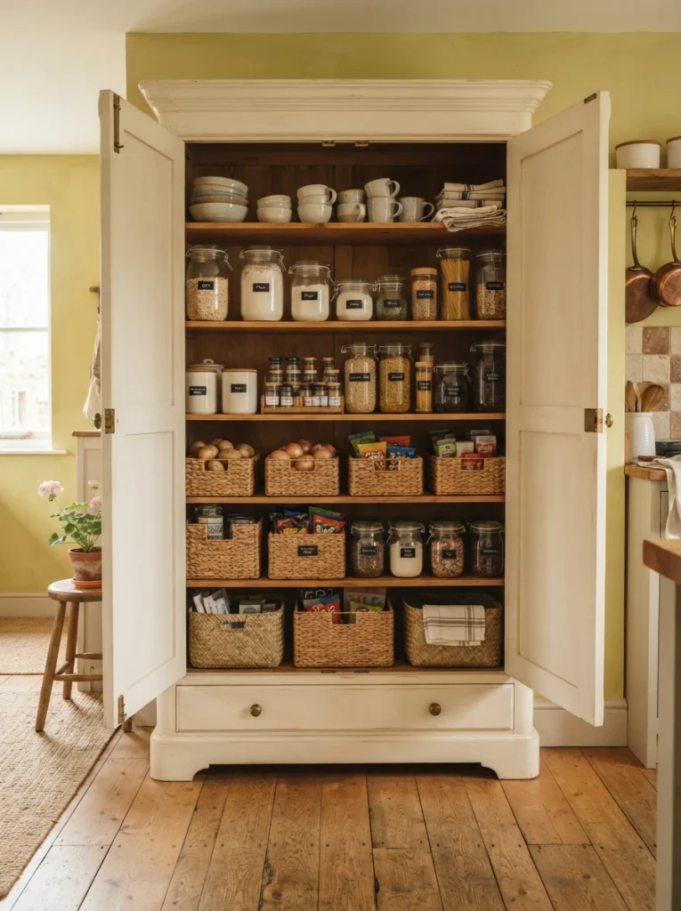 A freestanding wooden armoire painted warm off-white, opened to reveal organized rows of dry goods, jars, and baskets inside, vertical Pinterest photography, warm freestanding-furniture styling.