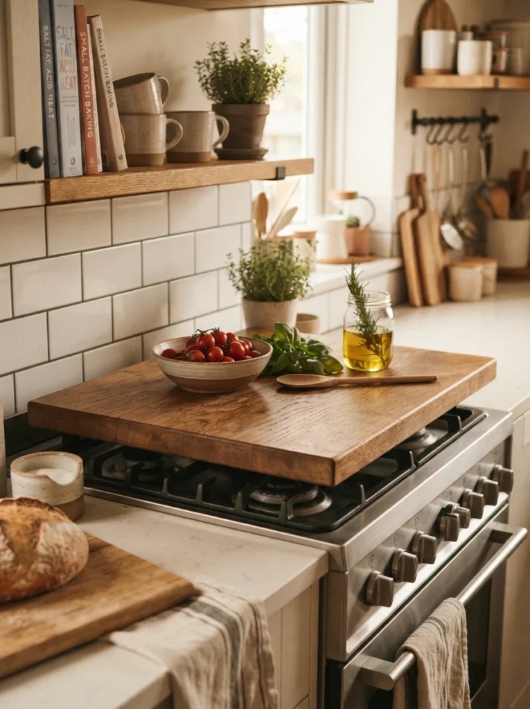 A wooden board placed over an unused stovetop, functioning as extra counter space, warm kitchen lighting, vertical Pinterest photography, warm temporary-surface styling.
