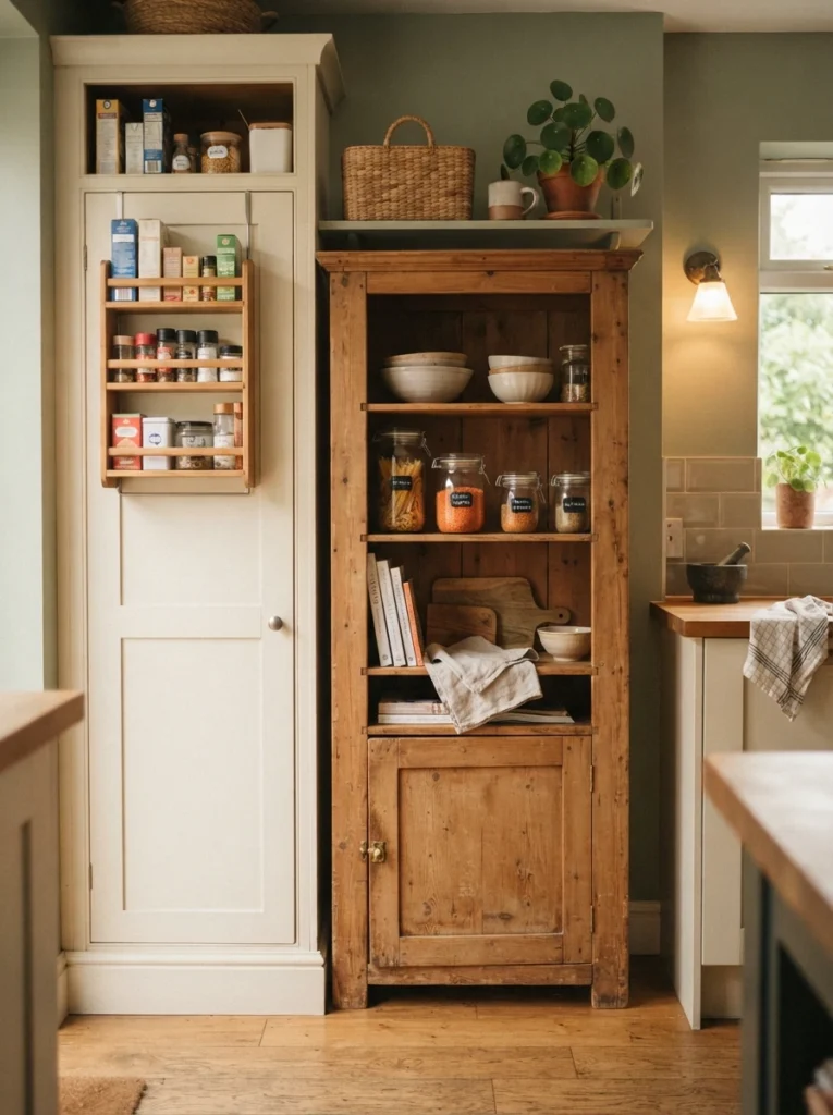 A secondhand freestanding wooden cabinet placed beside a pantry, extending its storage capacity, warm kitchen lighting, vertical Pinterest photography, warm found-furniture styling.