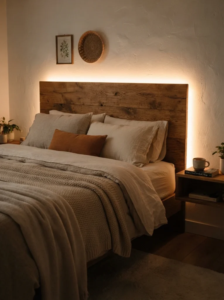 A wooden headboard with a warm adhesive LED strip glowing along its back edge, soft halo effect against the wall, cozy neutral bedding, no lamp in sight, evening ambiance, vertical Pinterest photography, warm backlit detail.