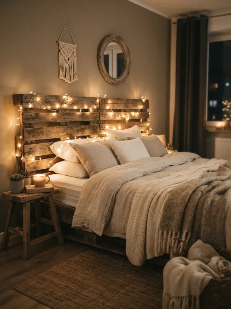 A rustic wooden pallet headboard wrapped evenly with warm fairy lights, cozy neutral bedding, earthy minimalist styling, evening ambiance, vertical Pinterest photography, warm rustic tones.