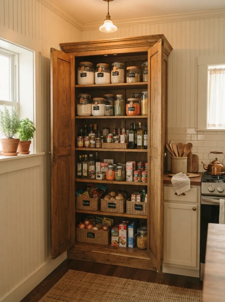 A tall wooden freestanding pantry cabinet in the corner of a small kitchen, doors open showing organized shelves of pantry staples, warm cozy lighting, vertical Pinterest photography, warm classic styling.