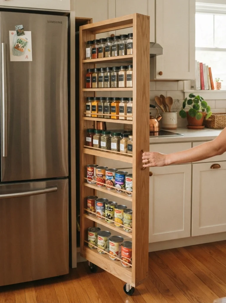 A tall, ultra-narrow wooden rolling shelf being pulled out from the thin gap beside a refrigerator, loaded with spices and canned goods, vertical Pinterest photography, warm space-saving styling.