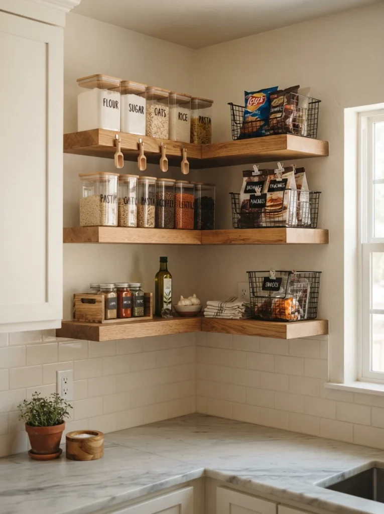 L-shaped floating wooden shelves installed in a kitchen corner, organized with labeled clear containers and stackable wire bins, vertical Pinterest photography, warm corner-pantry styling.