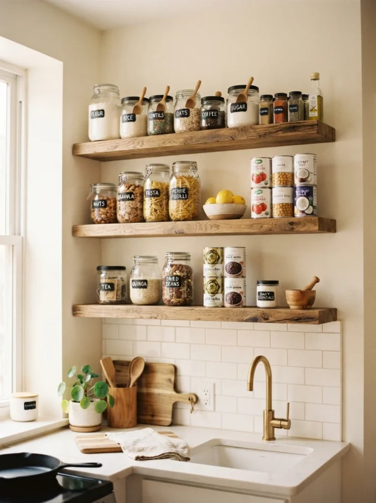 Open wooden floating shelves mounted on a kitchen wall, filled with labeled glass jars and stacked canned goods, warm natural light, small apartment kitchen, vertical Pinterest photography, warm minimalist styling.