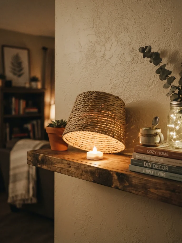 A dollar-store woven basket flipped upside down with a warm puck light glowing inside, soft ambient light on a shelf, cozy budget DIY styling, evening ambiance, vertical Pinterest photography, warm rustic tones.