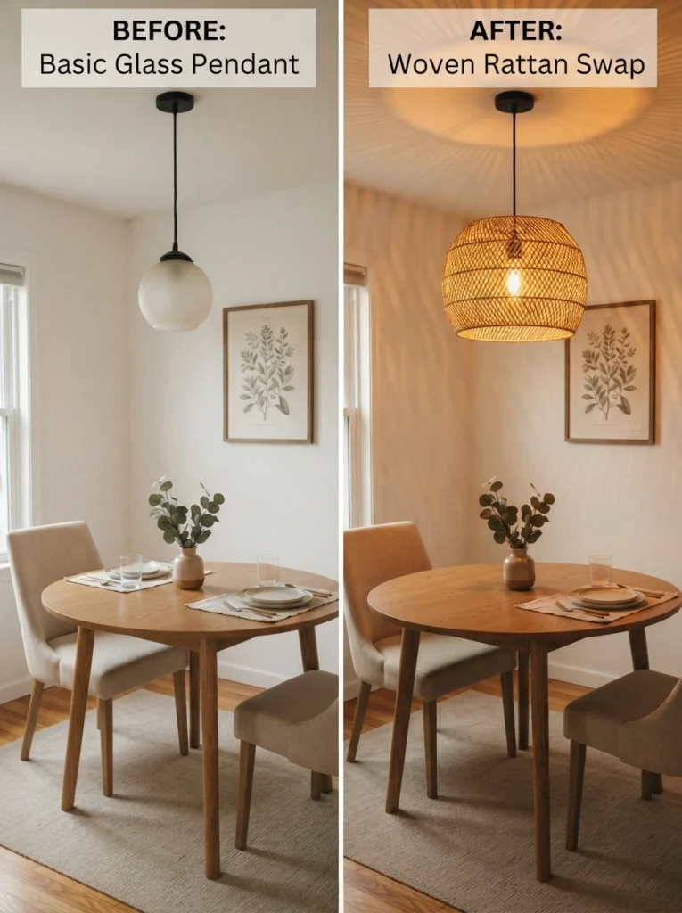 Before-and-after style styled shot of a hardwired ceiling pendant with a new woven rattan lampshade swapped in, warm bulb glow through the natural texture, cozy dining area below, soft afternoon light, vertical Pinterest photography, warm minimalist styling.