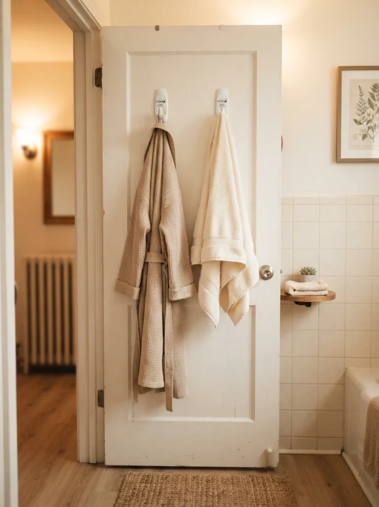 Adhesive hooks mounted behind a rental bathroom door, holding a robe and towel, warm bathroom lighting, vertical Pinterest photography, warm command-hook styling.