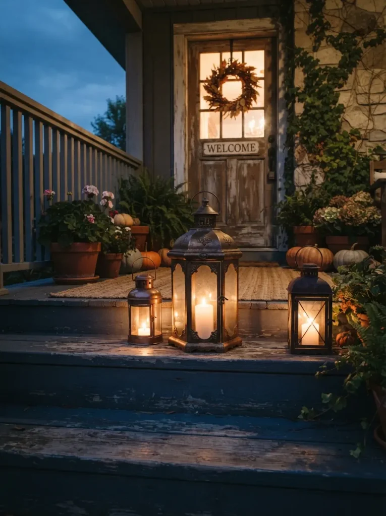 ![Aged metal lanterns glowing with soft candlelight on a front porch step, dusk atmosphere, vertical Pinterest photography, vintage lantern-glow styling.]