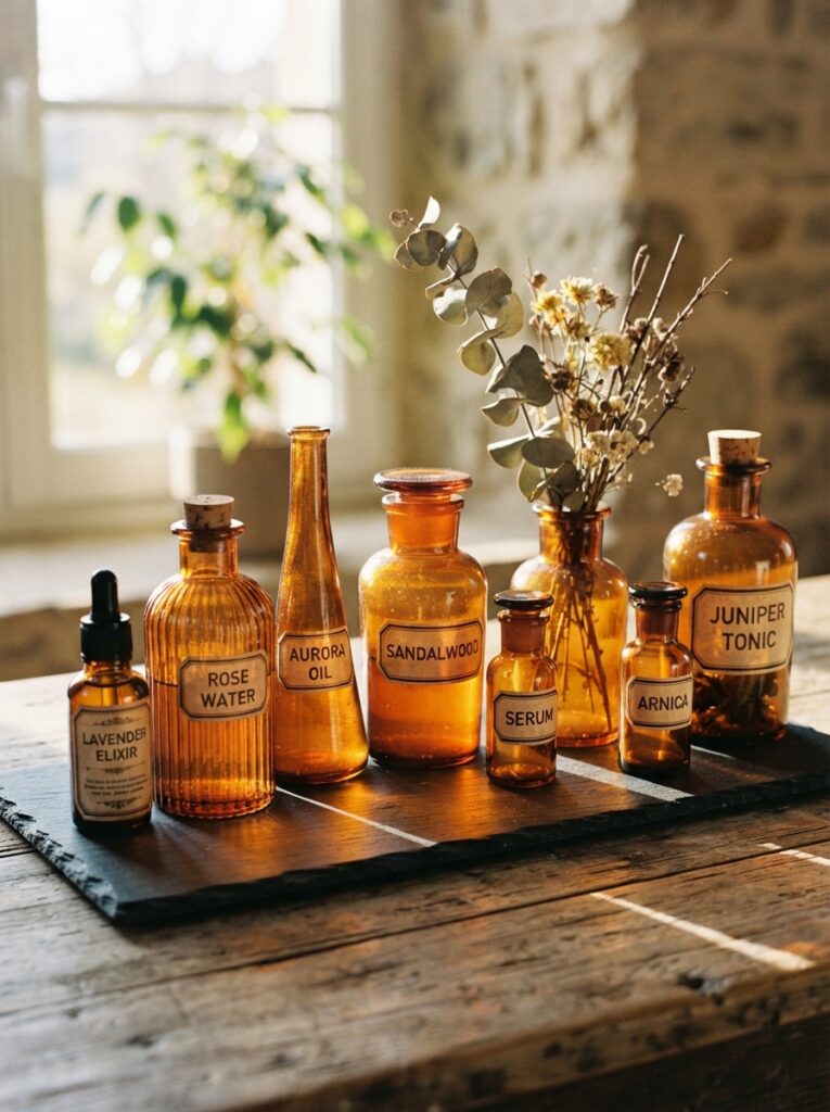 ![A collection of glowing amber glass apothecary bottles and vases arranged neatly on a matte black slate tray, catching warm sunlight, elegant contrast, vertical Pinterest photography, amber glass vintage styling.]