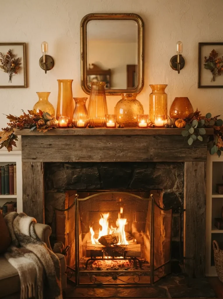 ![A collection of translucent amber glass vases and votive holders glowing warmly on a living room mantel, backlit by a fire in the hearth below, cozy autumn evening lighting, vertical Pinterest photography, warm amber glass styling.]