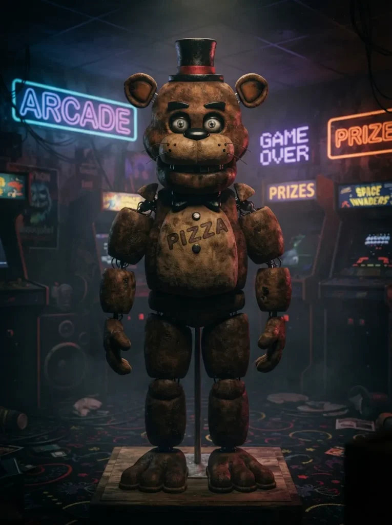 ![Five Nights at Freddy's inspired Halloween costume, person wearing a detailed brown animatronic bear costume with oversized creepy mask, dark arcade-inspired room, glowing neon lights, subtle fog and spooky atmosphere, cinematic horror photography, vertical Pinterest composition, no text.]