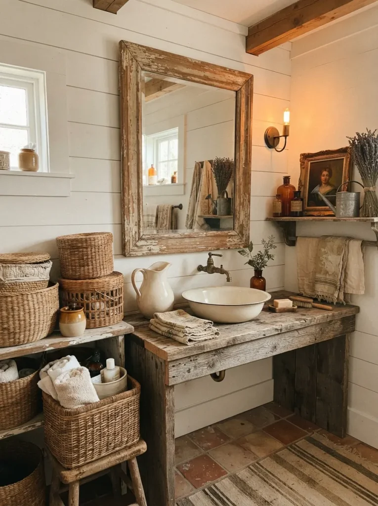 ![Antique flea market finds in a farmhouse bathroom, an aged mirror and woven baskets adding character, warm bathroom lighting, vertical Pinterest photography, warm flea-market styling.]