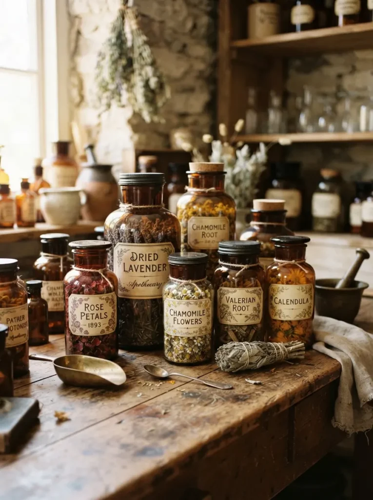 ![Amber apothecary jars with handwritten labels and dried botanicals on a wooden counter, warm side lighting, vertical Pinterest photography, vintage-apothecary styling.]