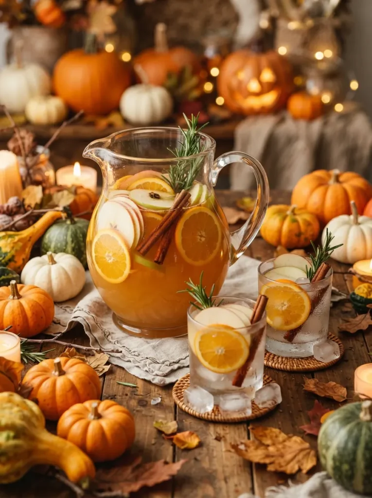 A decadent Halloween pumpkin spice milkshake served in a tall clear glass, creamy pale orange milkshake topped with a generous swirl of whipped cream, cinnamon dusting, tiny pumpkin candy and black-and-orange Halloween sprinkles, caramel drizzle on the glass, cozy autumn table with miniature pumpkins and warm fairy lights, appetizing realistic dessert photography, vertical Pinterest composition, no text.