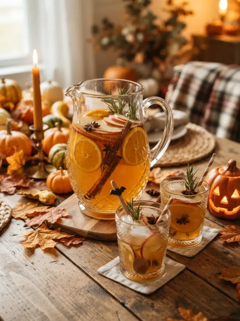 ![A beautiful Halloween apple cider punch served in a large glass pitcher and individual glasses, golden amber cider with thin apple slices, orange wheels, cinnamon sticks and fresh rosemary floating inside, glasses filled with ice, rustic autumn Halloween table decorated with pumpkins and dried leaves, warm golden candlelight, cozy seasonal atmosphere, realistic beverage photography, vertical Pinterest composition, no text.]