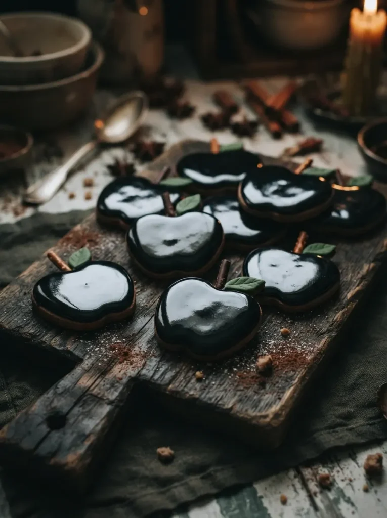 ![Apple-shaped cookies completely coated in a glossy, jet-black icing glaze, reflecting soft light, arranged on a dark wooden board, moody evening lighting, vertical Pinterest photography, dark fairytale baking styling.]