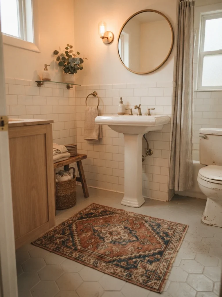 A small patterned area rug in a rental bathroom, adding warmth and personality, warm bathroom lighting, vertical Pinterest photography, warm area-rug styling.