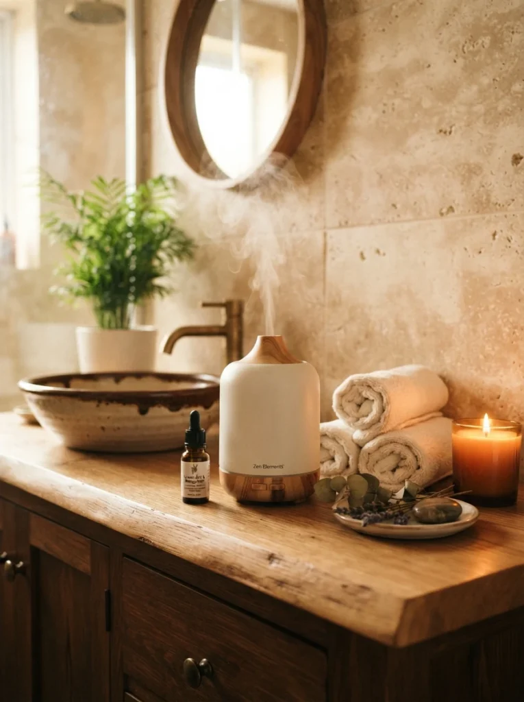 An aromatherapy diffuser placed on a spa-style bathroom vanity, warm bathroom lighting, vertical Pinterest photography, warm aromatherapy styling.