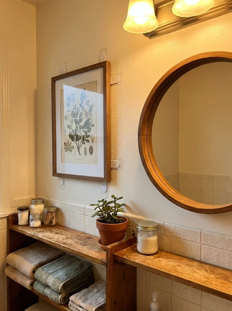 Art and a mirror hung on a rental bathroom wall using removable adhesive strips, warm bathroom lighting, vertical Pinterest photography, warm removable-hanging styling.
