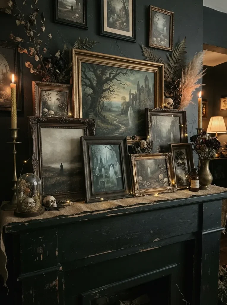 ![A layered collection of vintage, moody altered art prints featuring subtle ghosts in classic landscapes, leaning against a dark painted mantel, ambient evening lighting, vertical Pinterest photography, spooky gallery wall styling.]