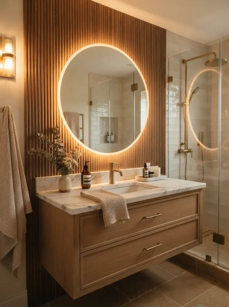 ![A backlit LED mirror above a bathroom vanity, soft glow adding a high-end feel, warm bathroom lighting, vertical Pinterest photography, warm backlit-mirror styling.]