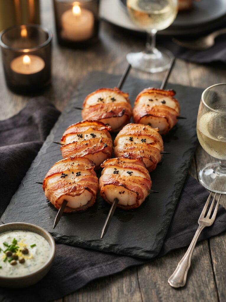 ![Large sea scallops wrapped tightly in overlapping strips of crispy bacon to look like mummies, skewered on a dark platter, upscale and savory, vertical Pinterest photography, luxury seafood appetizer styling.]