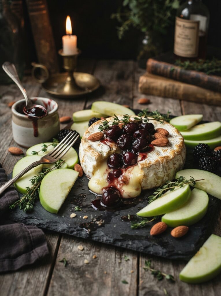 ![A warm wheel of baked brie topped with dark, dripping cherry preserves on a dark slate board, surrounded by bright green Granny Smith apple slices, warm ambient lighting, vertical Pinterest photography, gothic poisoned apple styling.]