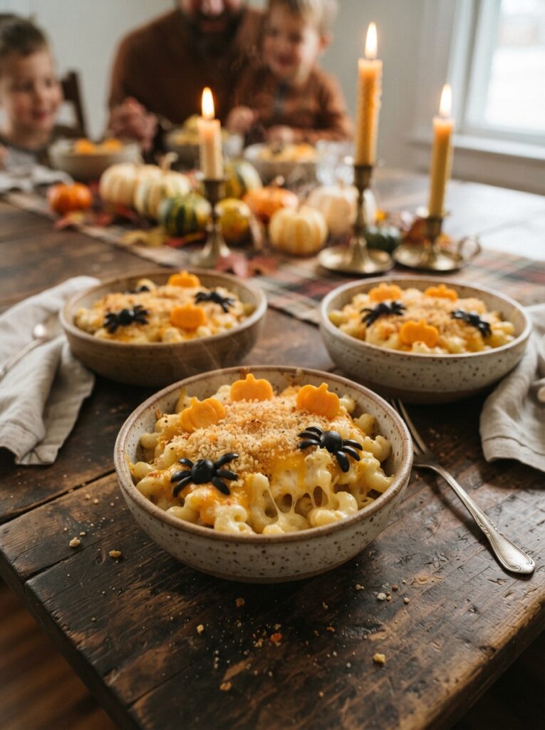 ![A cozy Halloween dinner featuring steaming creamy pumpkin soup served in small orange pumpkin-shaped ceramic bowls, delicate cream swirl on the surface, toasted pumpkin seeds and fresh herbs as garnish, crusty bread beside each bowl, warm wooden dining table with candles and autumn leaves, intimate family atmosphere, appetizing realistic food photography, vertical Pinterest composition, no text.]
