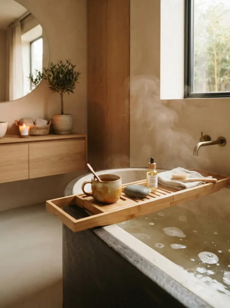 Muted matte black fixtures in a Japandi bathroom, understated hardware against natural materials, warm bathroom lighting, vertical Pinterest photography, warm matte-fixture styling.