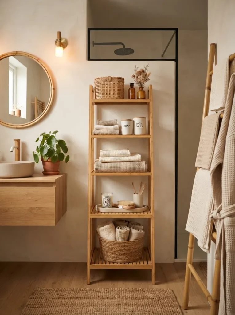 A light wood floating vanity in a Japandi bathroom, floor space visible beneath, warm bathroom lighting, vertical Pinterest photography, warm light-wood-vanity styling.