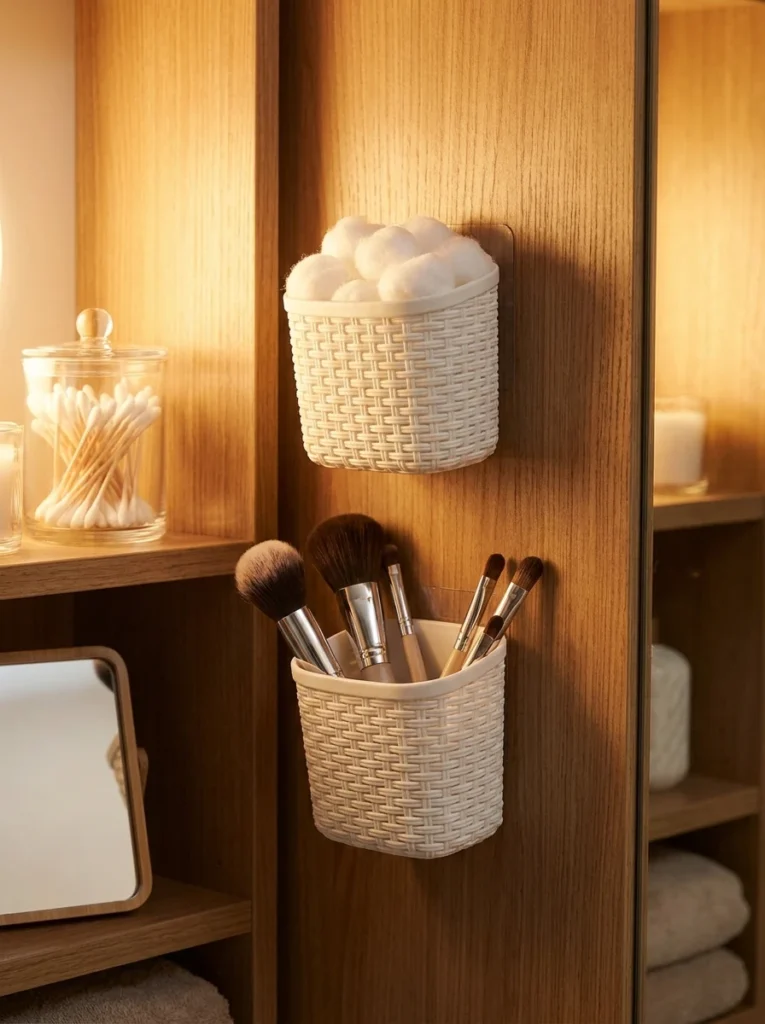 Small stick-on baskets mounted inside a bathroom cabinet, holding cotton balls and makeup brushes, warm bathroom lighting, vertical Pinterest photography, warm adhesive-basket styling.